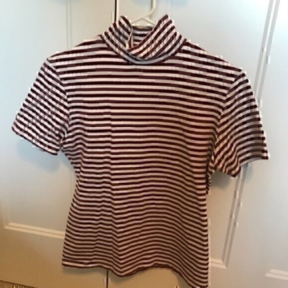 Woman’s size large Maroon and off white striped fitted shirt